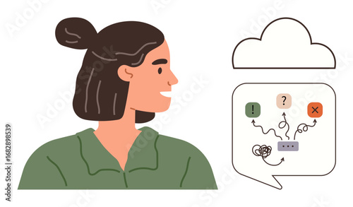 Smiling woman observes a thought bubble with icons and tangled lines representing problem-solving stages, conflicts, and decisions. Ideal for brainstorming, strategy, innovation, mindset