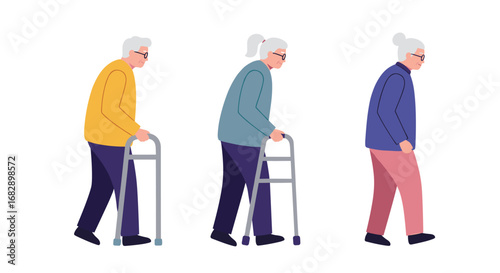 Elderly woman with walker: aging, mobility, and independence in flat design