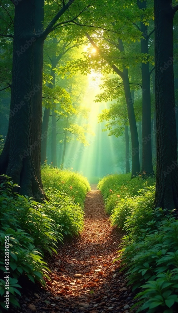 Obraz premium A winding path through a lush forest leads to a distant, sunlit clearing, symbolizing a transformative journey of self-discovery and growth , pathway, wilderness