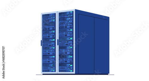 Isometric blue data server rack with green lights on white background