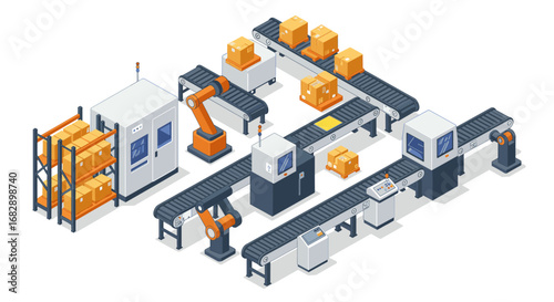 Automated manufacturing line with robotic arm and conveyor system in isometric design