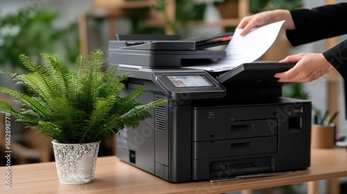 Office worker using a printer to copy documents in a modern workspace filled with greenery and natural light during the daytime