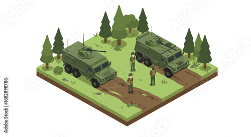 Military vehicle convoy in forested area isometric scene