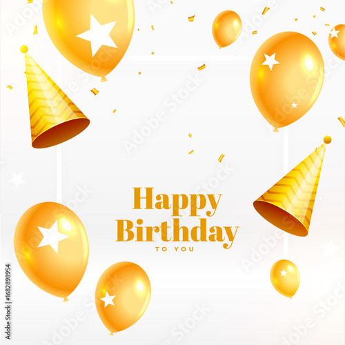 Happy birthday eve invitation card with realistic golden balloons and hat