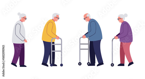 Elderly individuals using walkers for support in flat style design