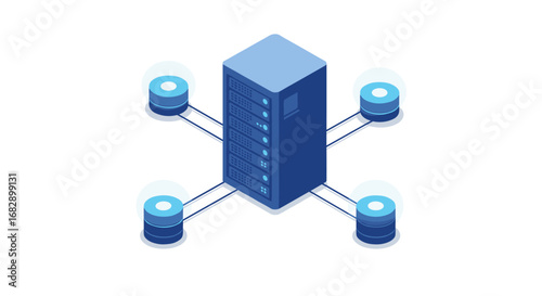 Isometric data center with central server and connected databases