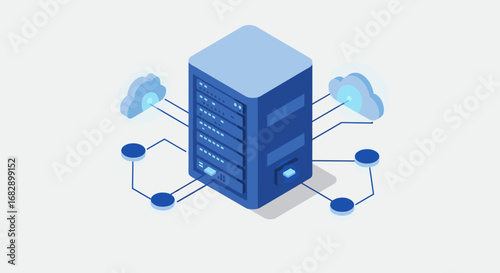 Isometric cloud network with central server and connected nodes in blue scheme