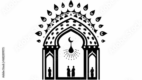 Ornate archway with floral and teardrop designs framing two figures and a flame under a crescent moon silhouette