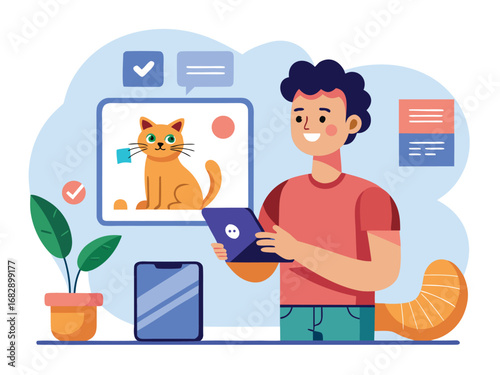 Happy cat owner uses tablet to access pet care information and track feline health