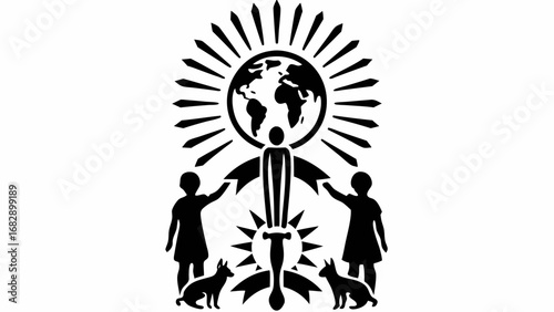 Stylized representation of global unity with children dogs and radiating sunbeams in black and white silhouette
