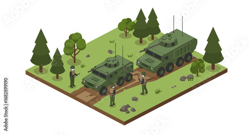 Military vehicles in forest isometric scene with soldiers and trees