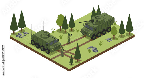 Isometric military scene with armored vehicles and soldiers in forest setting