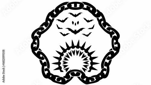Illustration of a chain border with bats flying above a sunburst design in black and white color scheme silhouette