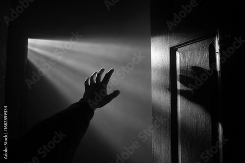 Hand reaching for light through doorway