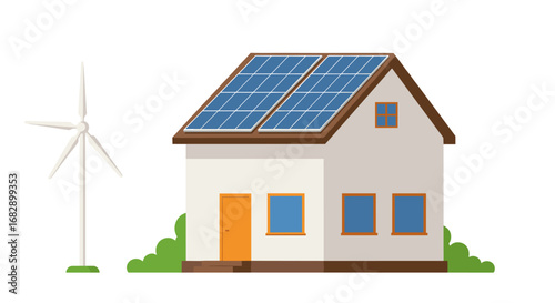 Eco-friendly home with solar panels and wind turbine for sustainable energy
