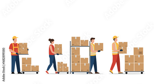 Workers organizing boxes on trolley in warehouse setting