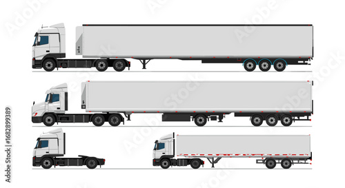 Variety of trucks in side view showcasing different trailer types for transportation needs