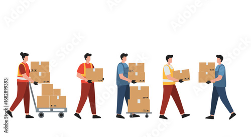 Teamwork in package delivery: workers transporting boxes in flat design