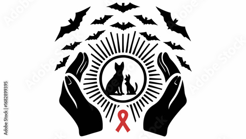 Silhouette of cat and kitten in circle held by hands with bats above and red ribbon below it centered