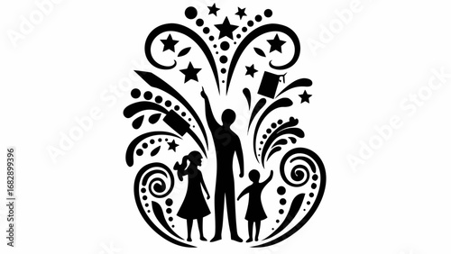 Silhouette of a man holding a book with children reaching for stars inside a heart shaped design