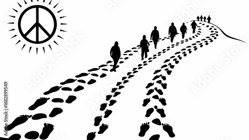 Silhouette of people walking on a path of footprints towards a peace symbol on a white background