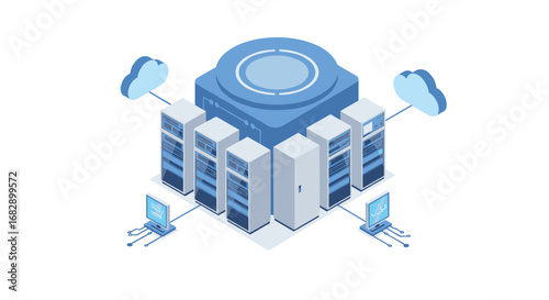 Isometric data center network concept with cloud computing and server racks