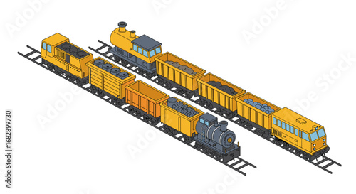 Colorful isometric freight train on tracks with engine and wagons