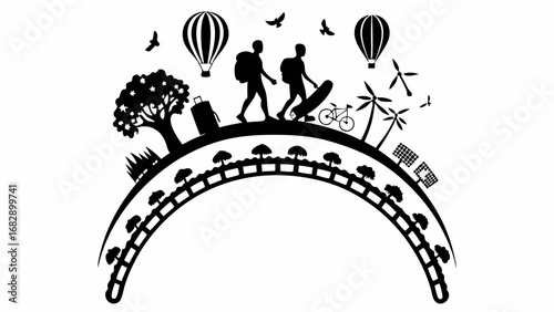 Illustration of a sustainable world with travelers, balloons, and renewable energy sources in black and white silhouette