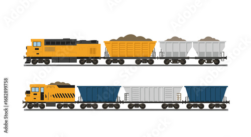 Colorful freight train with locomotives and cargo cars on white background