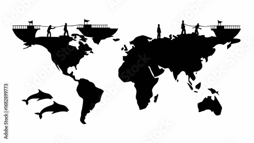 World map silhouette with people pulling boats and dolphins in black and white illustration style image