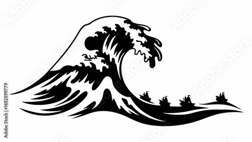 Black and white illustration of a large wave with several ships sailing on the water surface below it silhouette