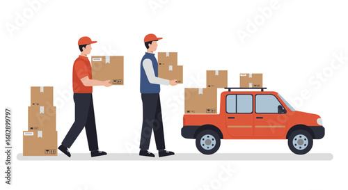 Delivery workers loading boxes into a small red truck