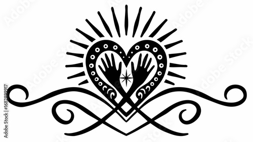 Stylized hands holding a heart shape with radiating lines and decorative dots in black and white design silhouette