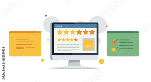 Online review and rating concept with computer and stars in minimalist style
