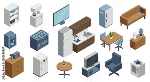 Isometric home interior set featuring furniture and appliances for modern design