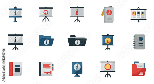 Flat icons of information presentation boards and documents for business and education