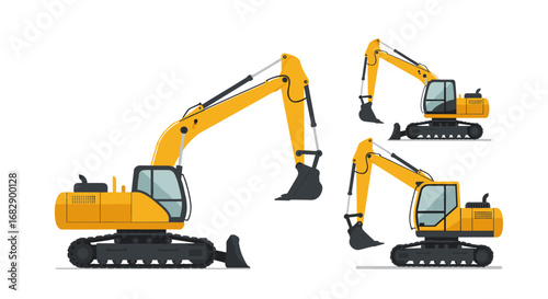 Wallpaper Mural Construction site heavy equipment: flat style yellow excavators in various angles Torontodigital.ca