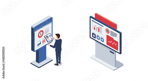 Isometric digital kiosk with interactive business and data analytics panels