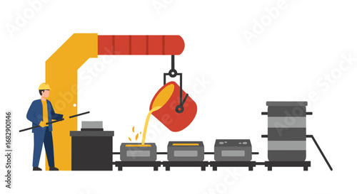 Industrial metal casting process with worker and machinery in flat design