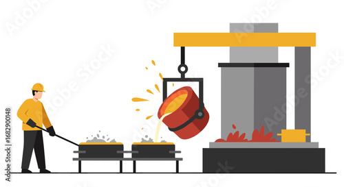 Industrial worker handling molten metal in factory setting with safety gear