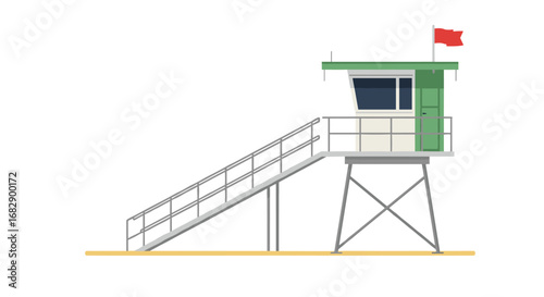 Minimalist lifeguard tower with red flag on sandy beach
