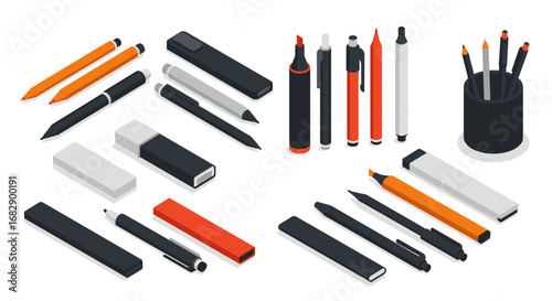Isometric pen and pencil set with erasers and holders in modern design