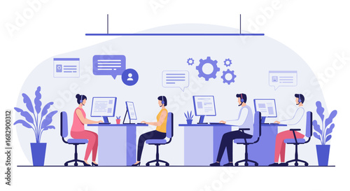 Collaborative modern office workspace with team communication and technology