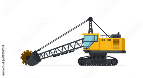 Industrial excavator vehicle with rotating drum on isolated white background