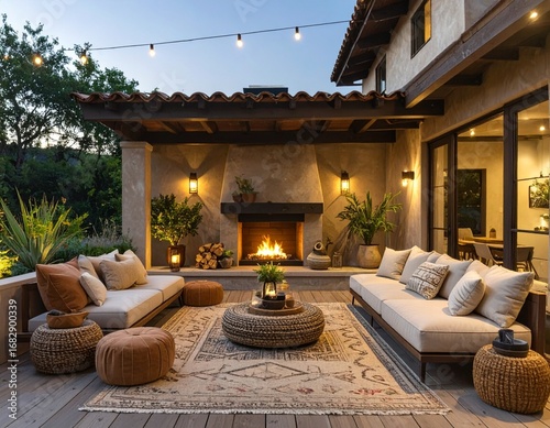 A unique terrace with a blend of modern and rustic design elements, featuring an outdoor fireplace, plush cushions, and artisanal decor