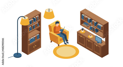 Isometric cozy home office with bookshelves and relaxed reader in armchair