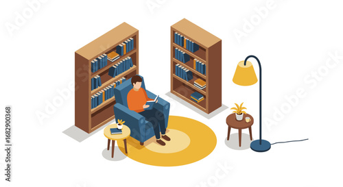 Cozy reading corner with bookshelves and armchair in isometric style