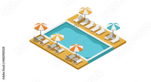 Isometric poolside scene with sun loungers and umbrellas on deck