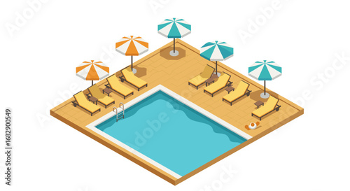 Isometric poolside scene with sun loungers and umbrellas