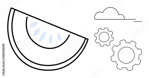 Half-melon slice with seeds, two gear shapes, and a minimalist cloud outline. Ideal for creativity, agriculture, collaboration, technology, growth, innovation simple landing page